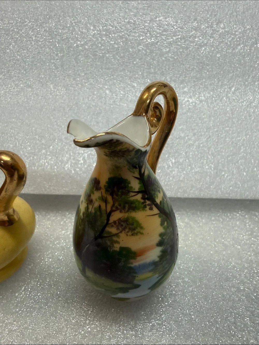 Set of 3 Miniature Porcelain Pitchers Gold Trim Landscape Vase Decor